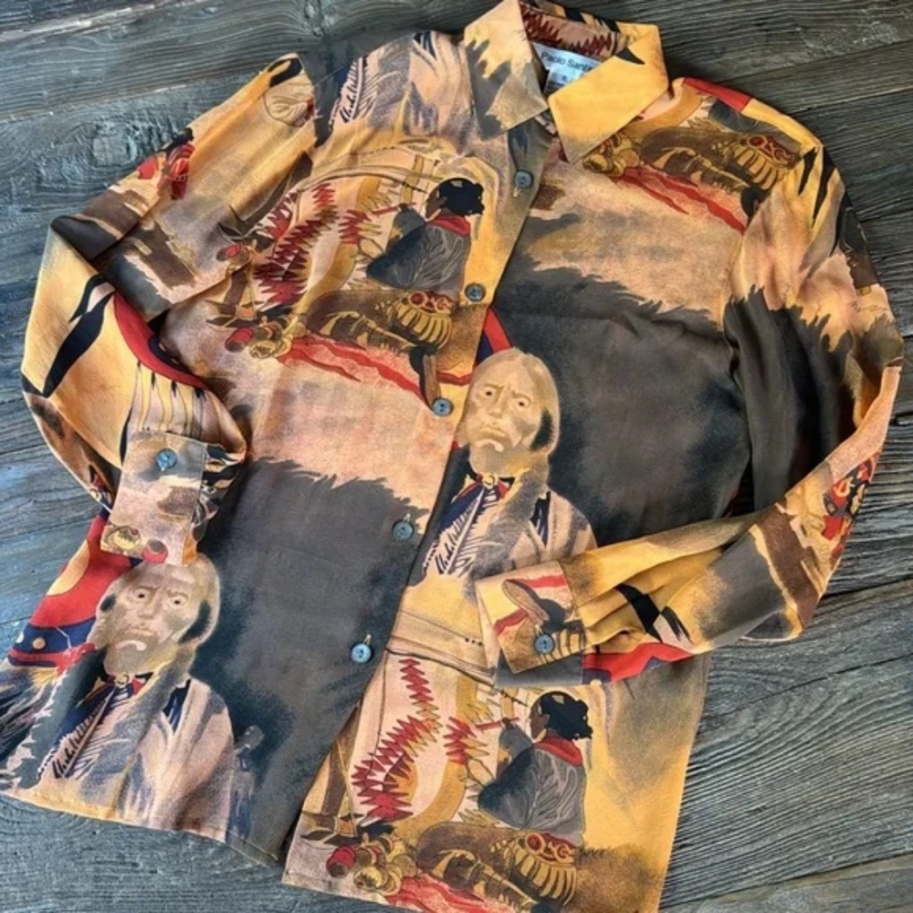 Vintage Paolo Santino SILK Western blouse with Native American Design sz 8